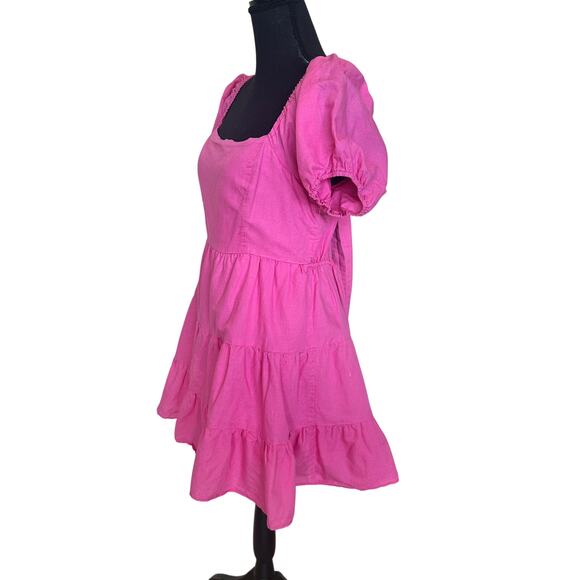 Louna Pink Peasant Babydoll Mini Dress XL Fit n Flare Linen Puff Sleeve $150 - Picture 10 of 13